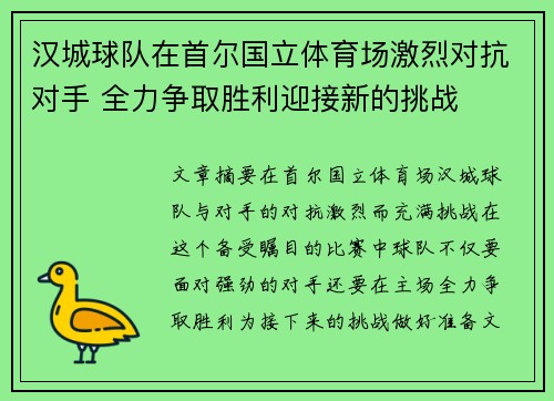 汉城球队在首尔国立体育场激烈对抗对手 全力争取胜利迎接新的挑战