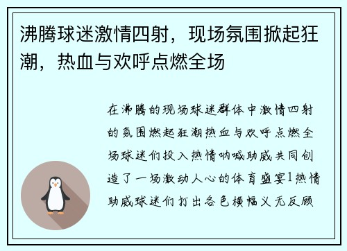 沸腾球迷激情四射，现场氛围掀起狂潮，热血与欢呼点燃全场