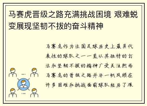 马赛虎晋级之路充满挑战困境 艰难蜕变展现坚韧不拔的奋斗精神